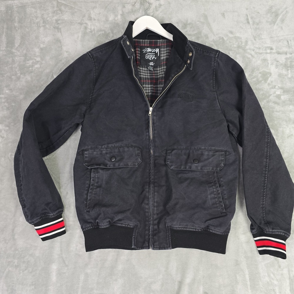 Stussy Bomber Canvas Jacket Mens XL Black Plaid Lined Streetwear Y2K 90s